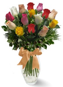 15 adet vazoda renkli gül  Balıkesir internetten çiçek satışı 